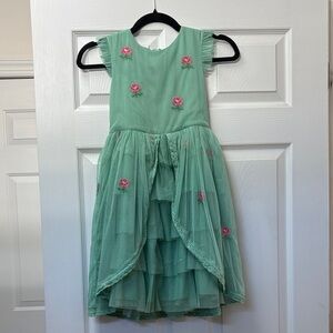 Mint Green Mini Boden Dress with Pink Floral Embroidery